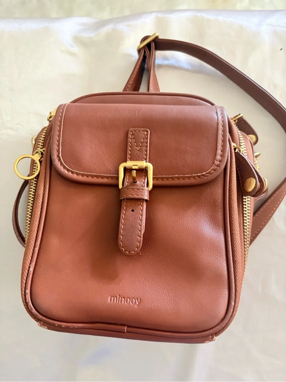 Men's Tan Leather Messenger Crossbody Bag with Front Flap